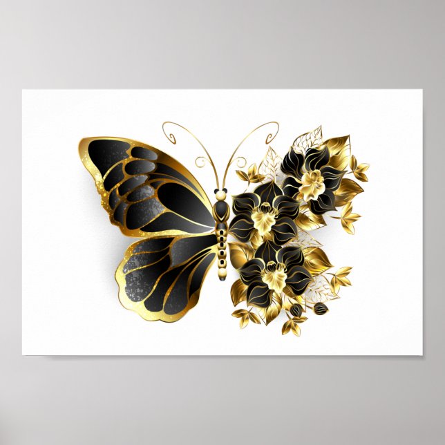 Goldener Schmetterling mit schwarzem Orchid Poster (Vorne)