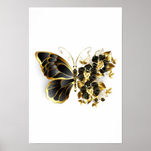 Goldener Schmetterling mit schwarzem Orchid Poster