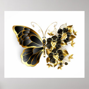 Goldener Schmetterling mit schwarzem Orchid Poster