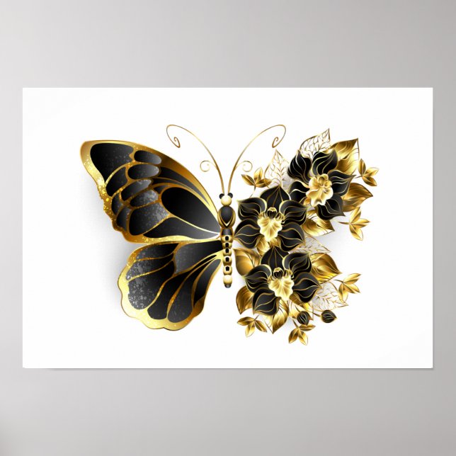 Goldener Schmetterling mit schwarzem Orchid Poster (Vorne)