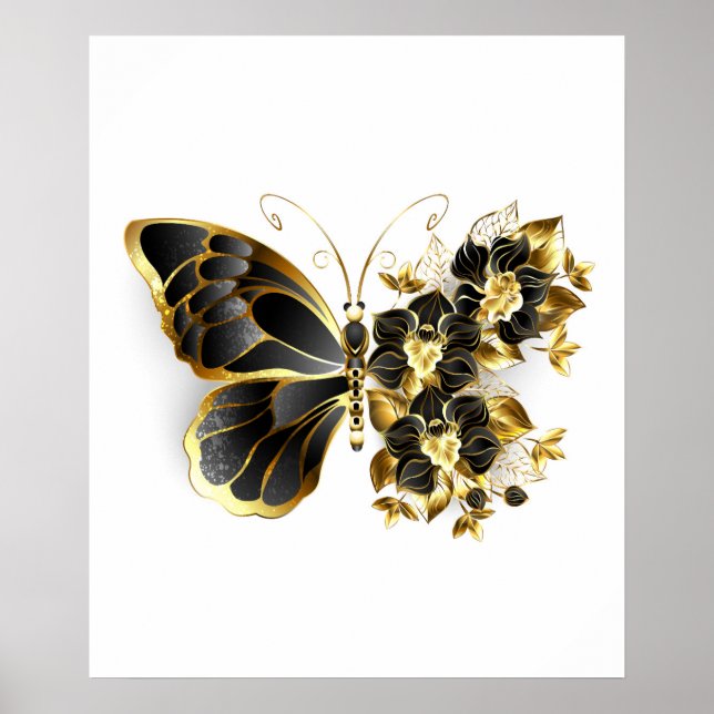 Goldener Schmetterling mit schwarzem Orchid Poster (Vorne)