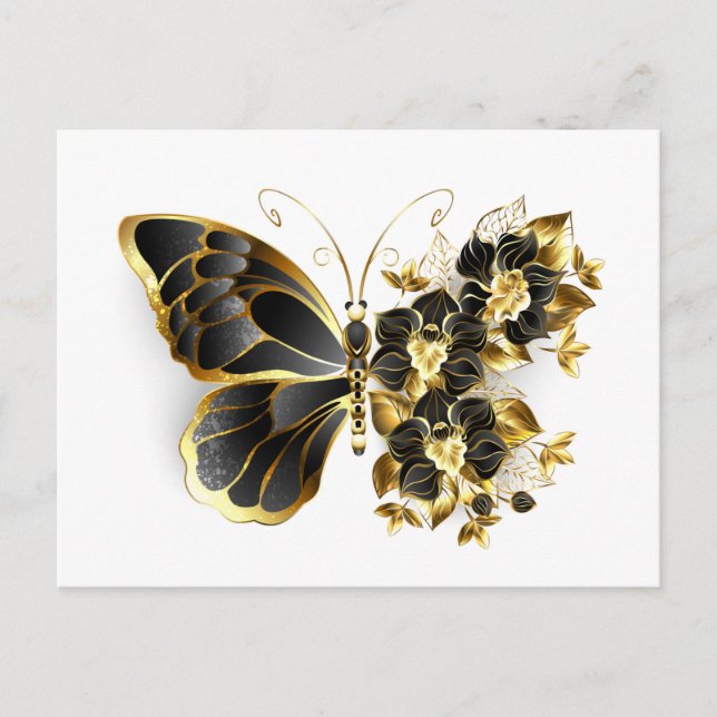 Goldener Schmetterling mit schwarzem Orchid Postkarte (Vorderseite)