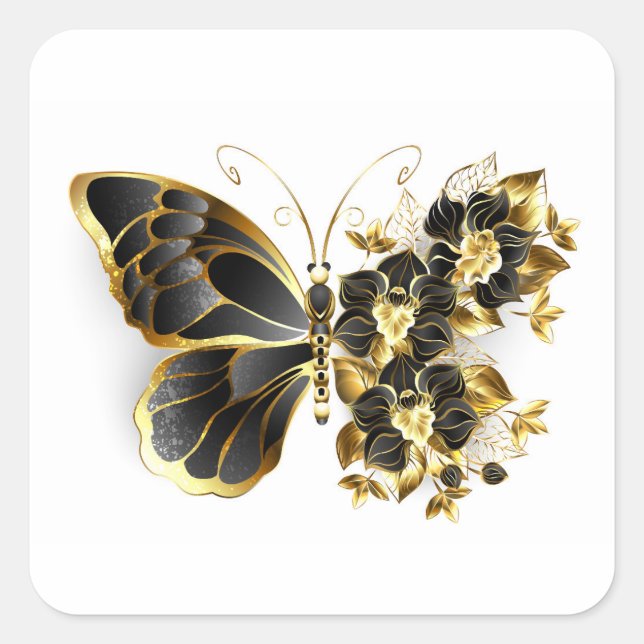 Goldener Schmetterling mit schwarzem Orchid Quadratischer Aufkleber (Vorderseite)