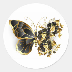 Goldener Schmetterling mit schwarzem Orchid Runder Aufkleber
