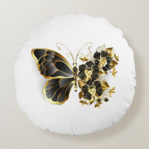 Goldener Schmetterling mit schwarzem Orchid Rundes Kissen