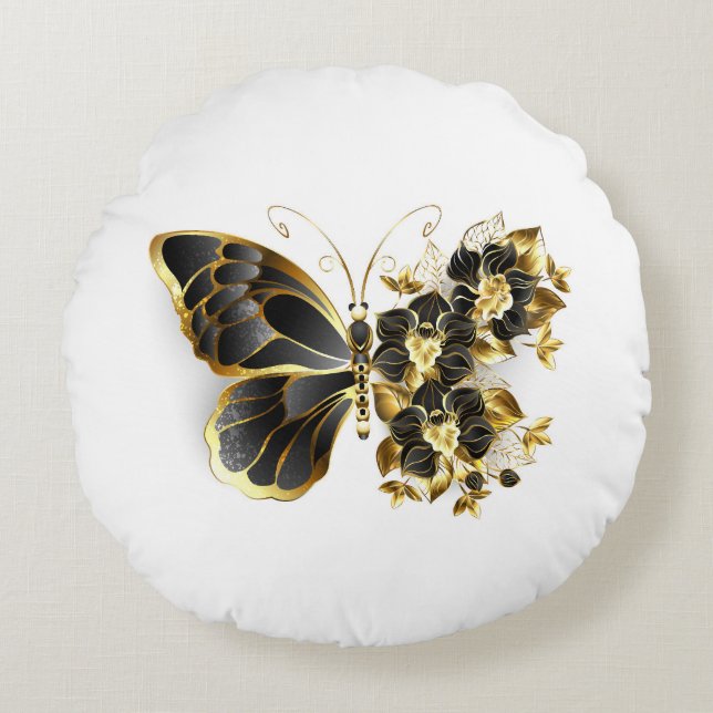 Goldener Schmetterling mit schwarzem Orchid Rundes Kissen (Vorderseite)