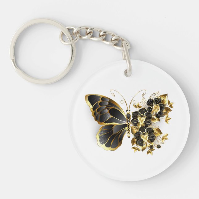 Goldener Schmetterling mit schwarzem Orchid Schlüsselanhänger (Vorderseite)