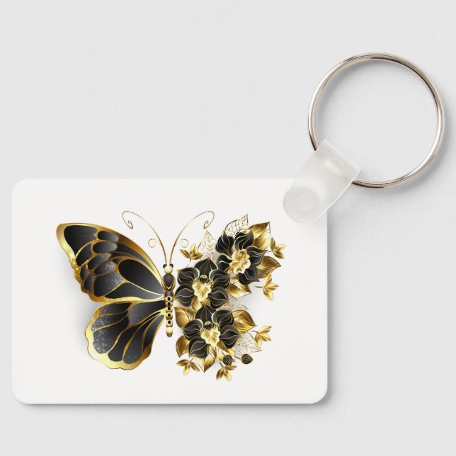 Goldener Schmetterling mit schwarzem Orchid Schlüsselanhänger (Vorderseite)