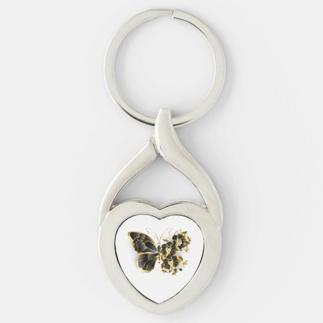 Goldener Schmetterling mit schwarzem Orchid Schlüsselanhänger (Vorderseite)