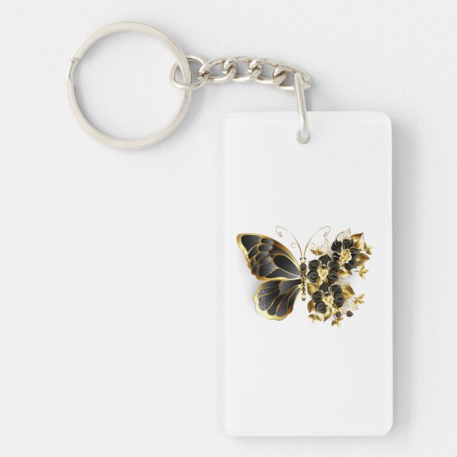 Goldener Schmetterling mit schwarzem Orchid Schlüsselanhänger (Vorderseite)