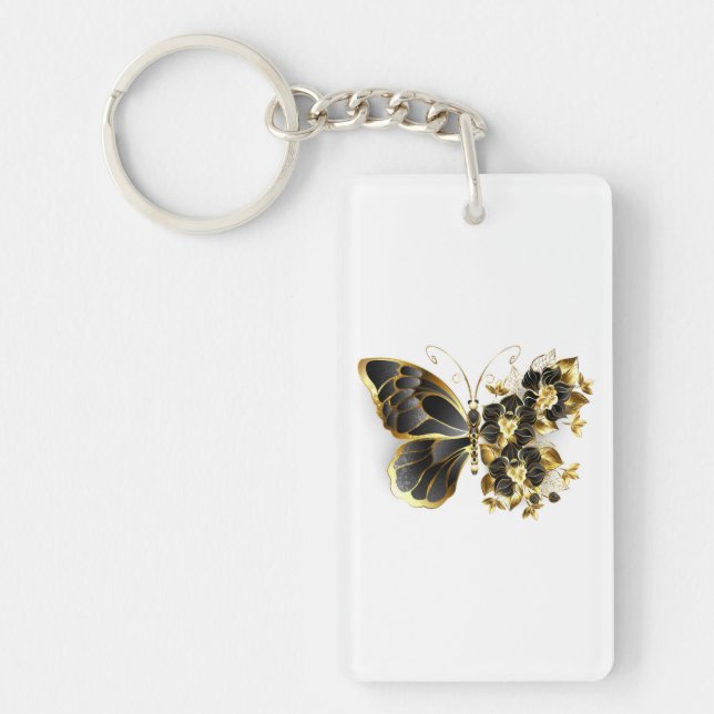 Goldener Schmetterling mit schwarzem Orchid Schlüsselanhänger (Vorderseite)