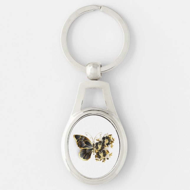 Goldener Schmetterling mit schwarzem Orchid Schlüsselanhänger (Vorderseite)