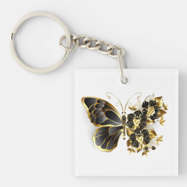 Goldener Schmetterling mit schwarzem Orchid Schlüsselanhänger (Vorderseite)