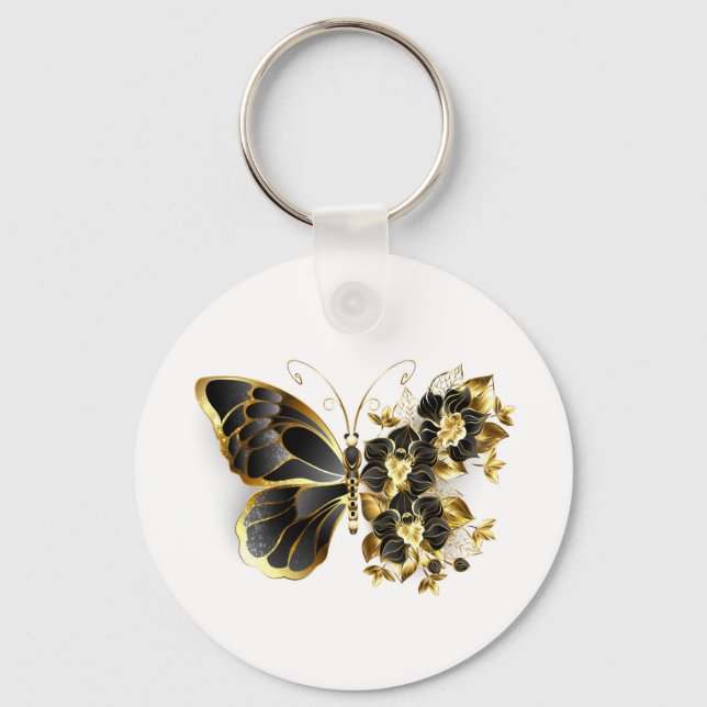 Goldener Schmetterling mit schwarzem Orchid Schlüsselanhänger (Vorderseite)