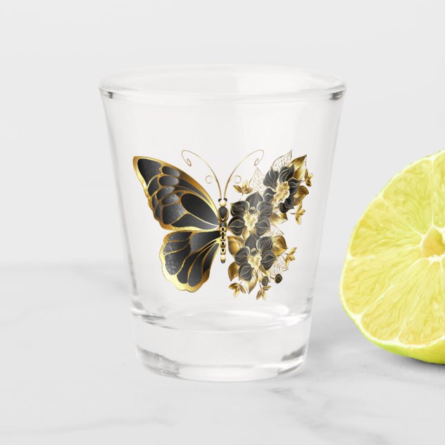Goldener Schmetterling mit schwarzem Orchid Schnapsglas (Vorderseite)