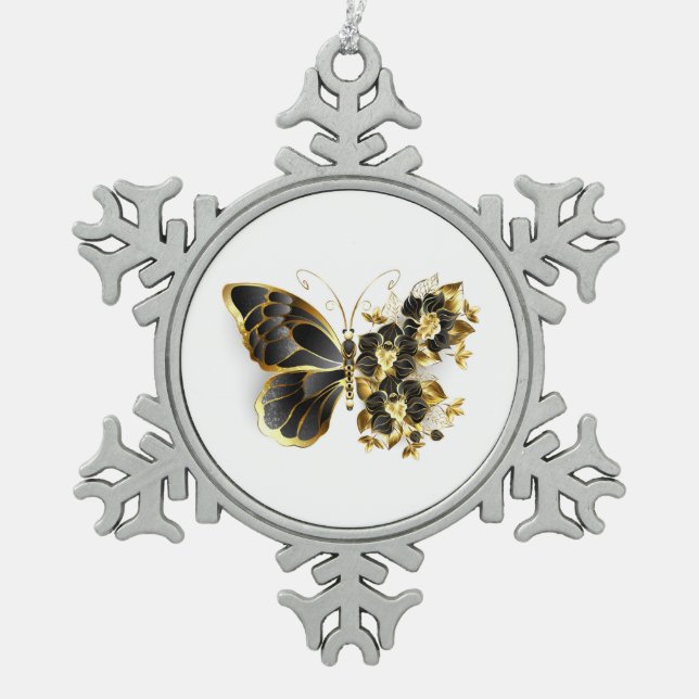 Goldener Schmetterling mit schwarzem Orchid Schneeflocken Zinn-Ornament (Vorderseite)