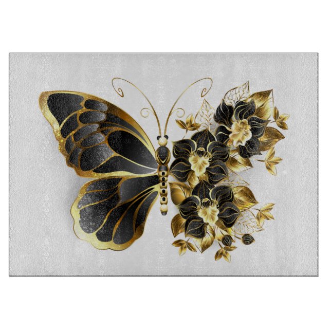 Goldener Schmetterling mit schwarzem Orchid Schneidebrett (Vorderseite)