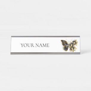 Goldener Schmetterling mit schwarzem Orchid Schreibtischnamensplakette
