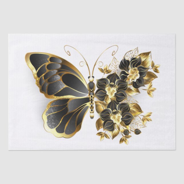 Goldener Schmetterling mit schwarzem Orchid Seidenpapier (Vorderseite)