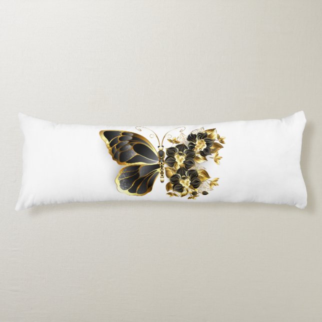 Goldener Schmetterling mit schwarzem Orchid Seitenschläferkissen (Vorderseite)