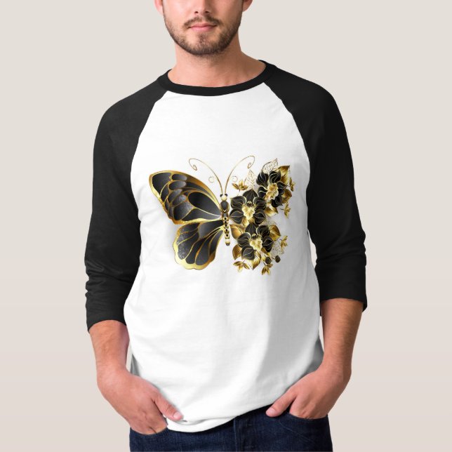 Goldener Schmetterling mit schwarzem Orchid T-Shirt (Vorderseite)