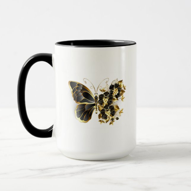 Goldener Schmetterling mit schwarzem Orchid Tasse (Links)