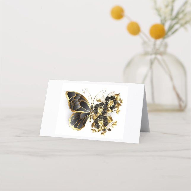 Goldener Schmetterling mit schwarzem Orchid Terminkarte (Vorderseite)