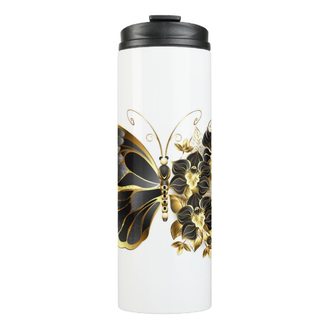 Goldener Schmetterling mit schwarzem Orchid Thermosbecher (Vorderseite)