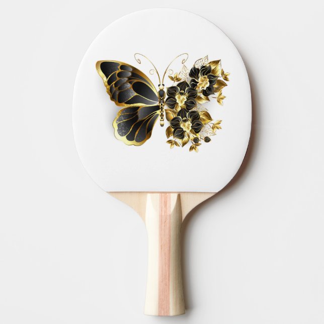 Goldener Schmetterling mit schwarzem Orchid Tischtennis Schläger (Vorderseite)