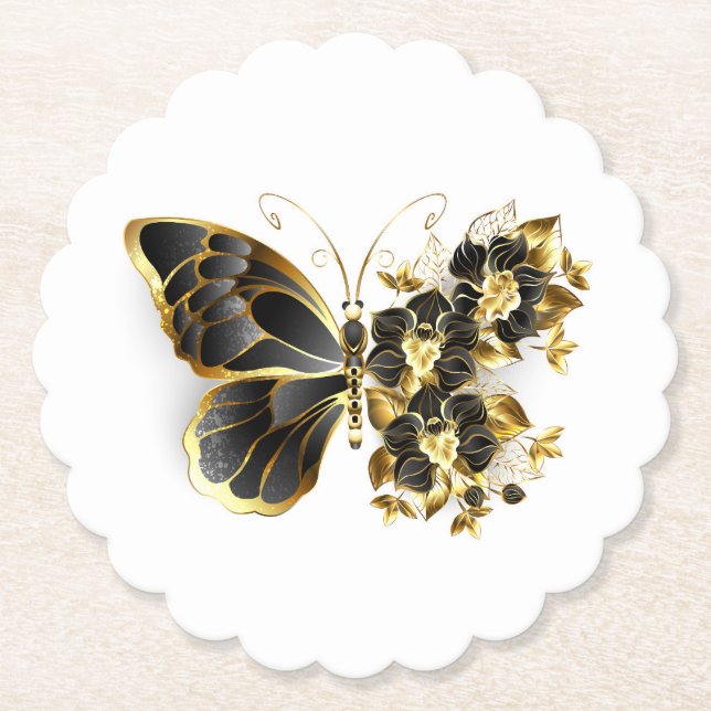 Goldener Schmetterling mit schwarzem Orchid Untersetzer (Vorderseite)