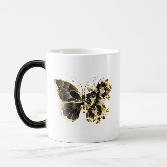 Goldener Schmetterling mit schwarzem Orchid Verwandlungstasse (Links)