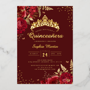 Goldener Schmetterling Rot Gold Floral Quinceanera Folieneinladung
