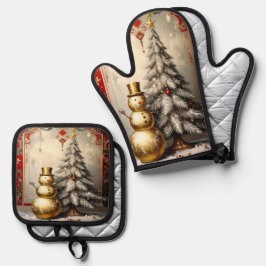 Goldener Schneemann-Christbaum Ofenhandschuh & Topflappen-Set