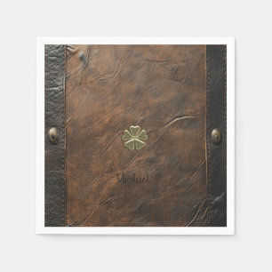 Goldener Shamrock St.Patrick`s Day, braunes Leder Serviette