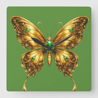 Goldener Smaragd-Kristall-Schmetterling Quadratische Wanduhr