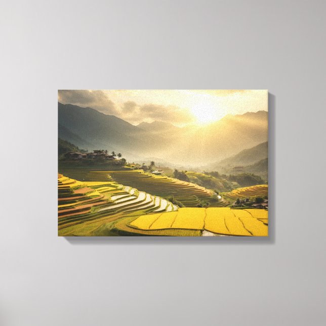 Goldener Sonnenaufgang über den saftigen Felsen Leinwanddruck (Vorderseite)