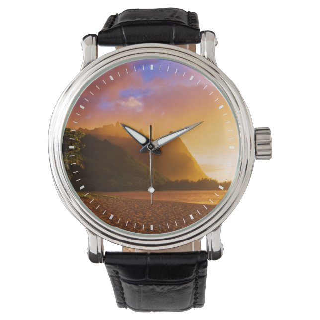 Goldener Sonnenuntergang am Strand, Hawaii Armbanduhr (Vorderseite)