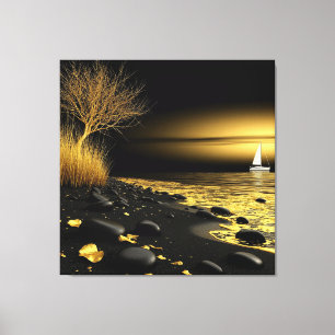 Goldener Sonnenuntergang am Strand mit Segelboot Leinwanddruck