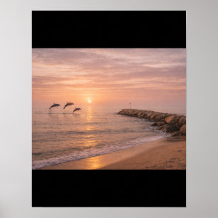 Goldener Sonnenuntergang Delfine Strand Leinwand W Poster