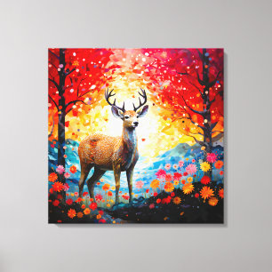 Goldener Sonnenuntergang Floral Herbst Wald Hirsch Leinwanddruck