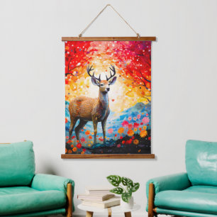 Goldener Sonnenuntergang Floral Herbst Wald Hirsch Wandteppich Mit Holzrahmen