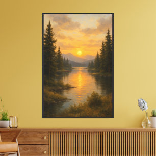 Goldener Sonnenuntergang Fluss zwischen Kiefern Leinwanddruck
