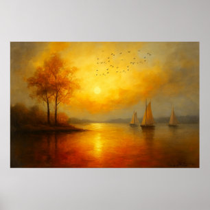 Goldener Sonnenuntergang mit Herbstbäumen und Sege Poster