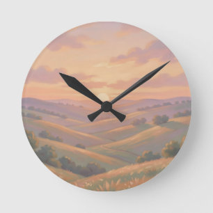 Goldener Sonnenuntergang Rollende Hügel Pastell-La Runde Wanduhr