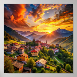 Goldener Sonnenuntergang über dem Bergdorf   Strah Poster