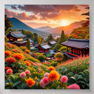 Goldener Sonnenuntergang über dem japanischen Blum Poster
