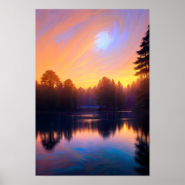 Goldener Sonnenuntergang über dem ruhigen See Poster (Vorne)