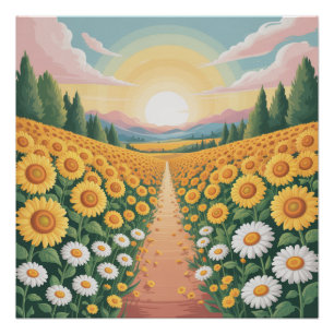 Goldener Sonnenuntergang über dem sonnigen Feld Poster