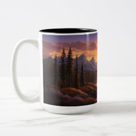 Goldener Sonnenuntergang über den Wäldern Naturbäu Zweifarbige Tasse