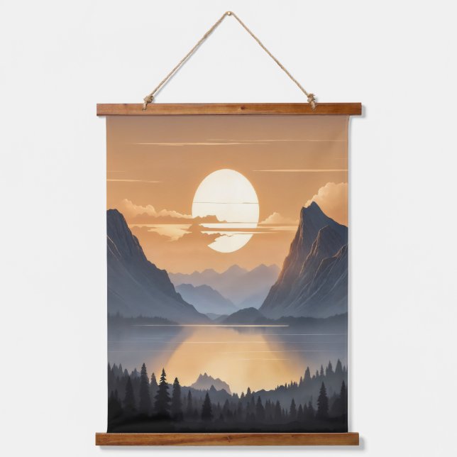 Goldener Sonnenuntergang über der majestätischen B Wandteppich Mit Holzrahmen (Vorderseite)